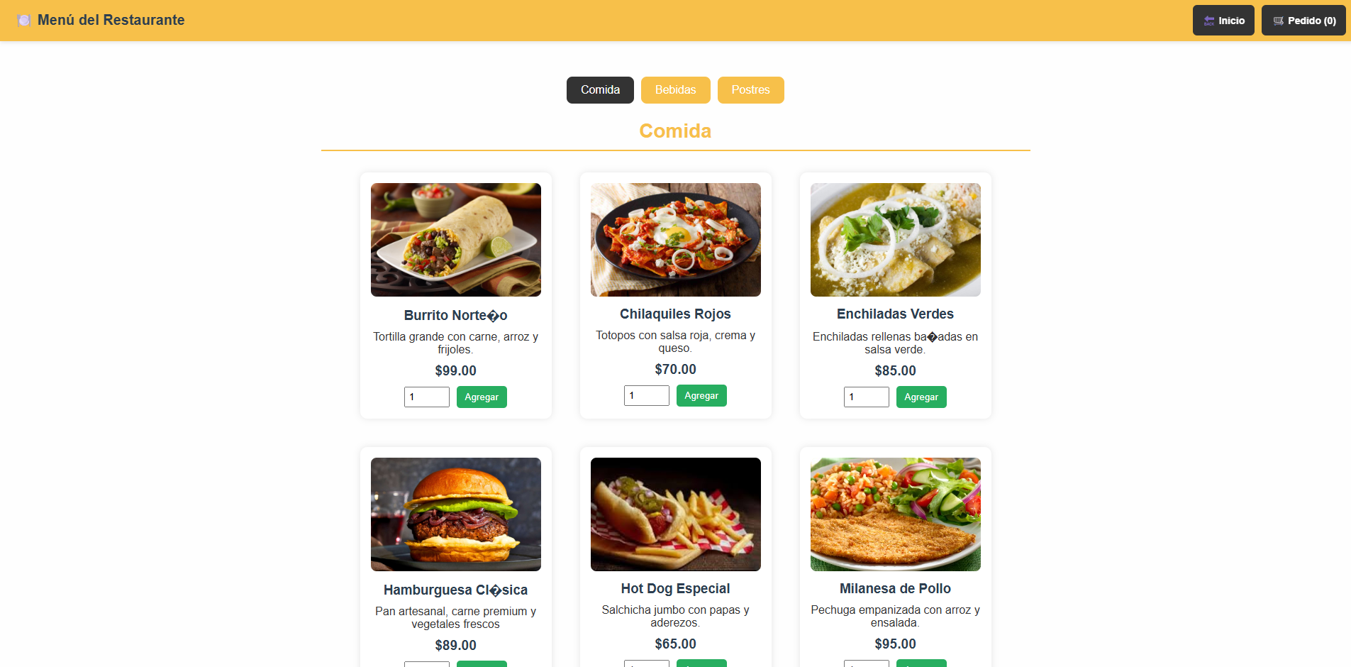 Página de menú para restaurante